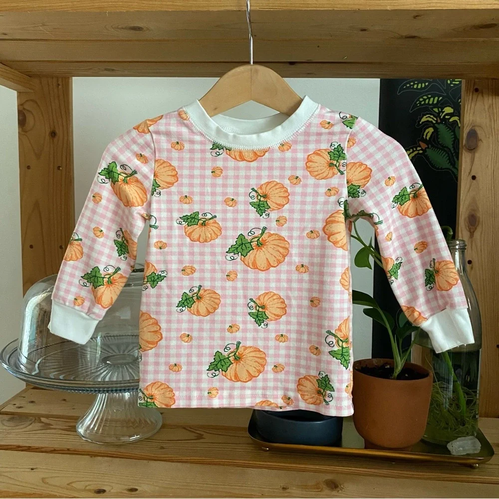 Classic Whimsy Pink Plaid Pumpkin Print Fall Halloween Pajama Set 18 months